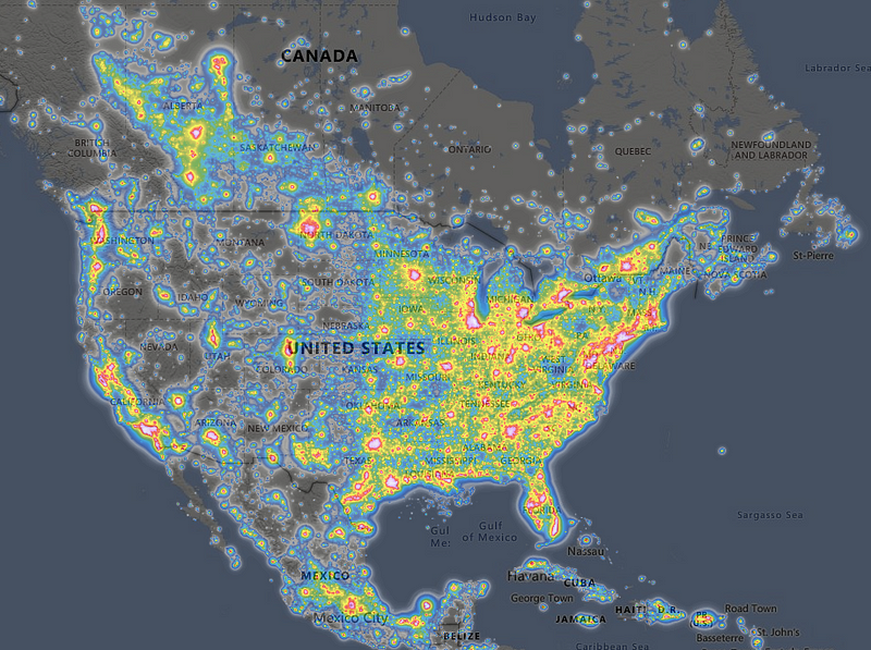 Light pollution map showing intensity in the U.S. and Canada.