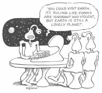 Cartoon depicting humanoid aliens