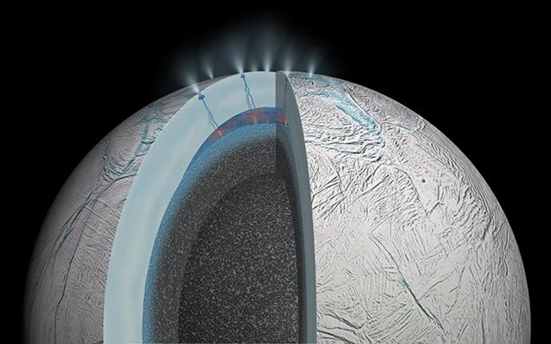 Artist's rendering of Enceladus showing hydrothermal activity.