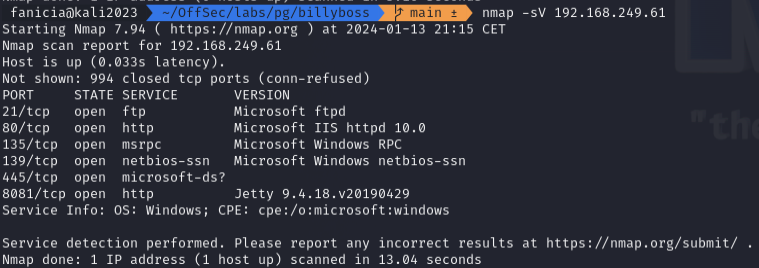 Nmap results for the BillyBoss machine