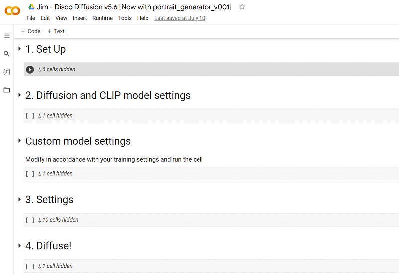 Google Colab Interface for Disco Diffusion