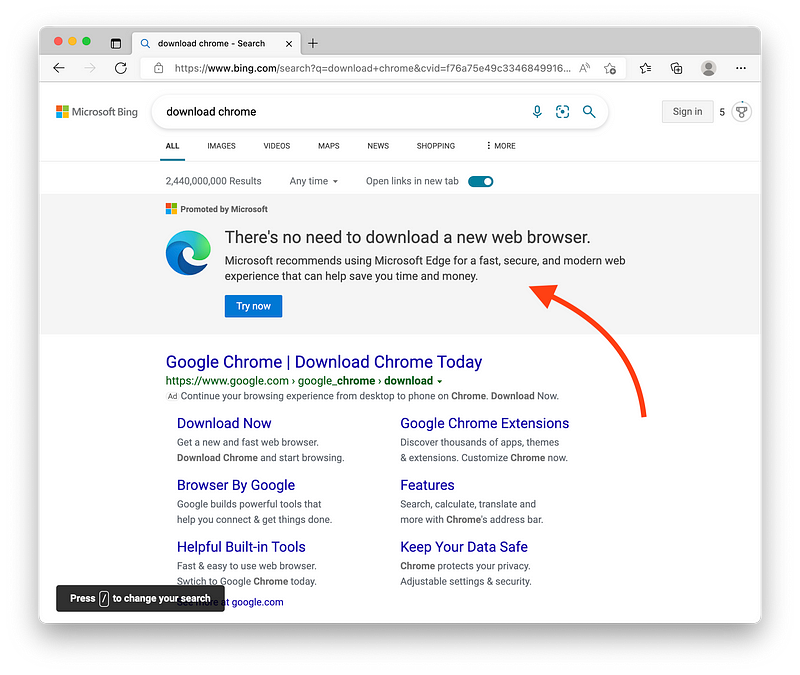 Screenshot of Bing urging users to download Chrome