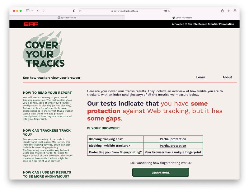 Browser tracking test results