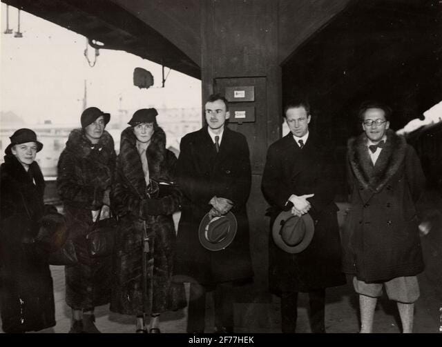 Dirac, Heisenberg, and Schrodinger with their spouses, 1933